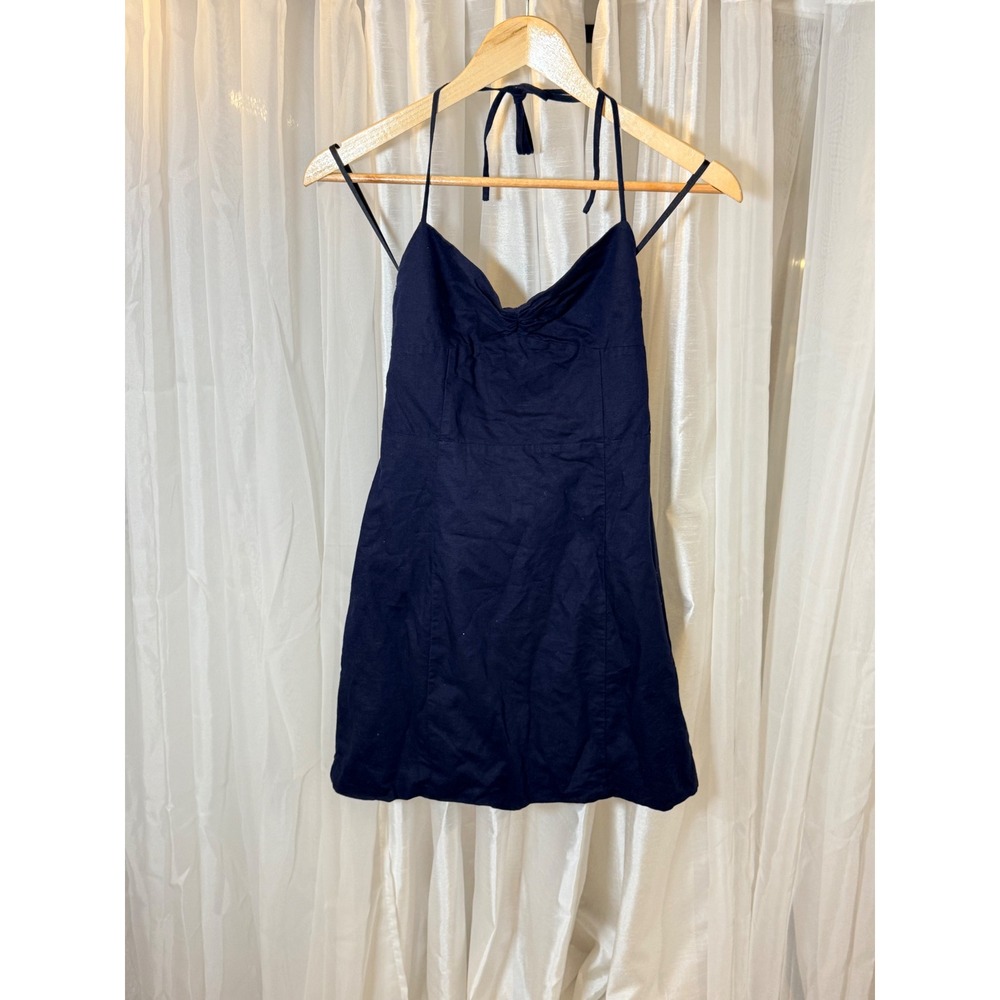 Sunday Best Mini Dress Womens Small Navy Blue Halter Smocked Back Sweetheart